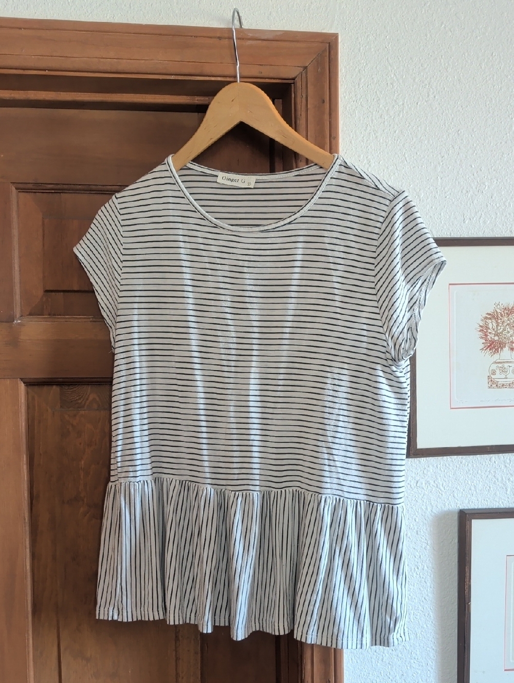 Ginger G White and Black Striped Peplum Tee